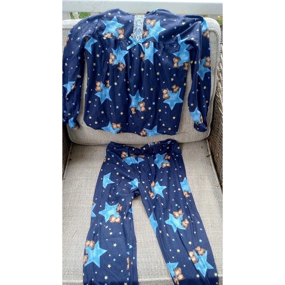 Vtg 90s Y2K‎ Girls Teddy Bear Star Flannel Pajamas GUC 10